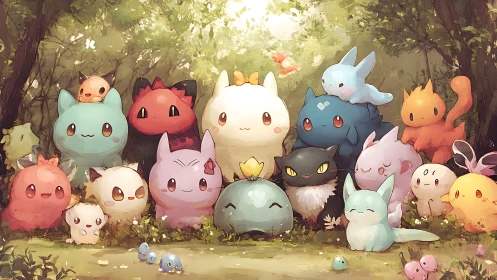Sunlit forest gathering of pastel creatures and gentle smiles.