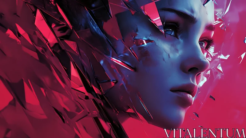 Shattered neon portrait of a serene cybernetic woman.