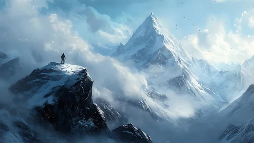 Solitary climber confronting vast sunlit alpine summit.