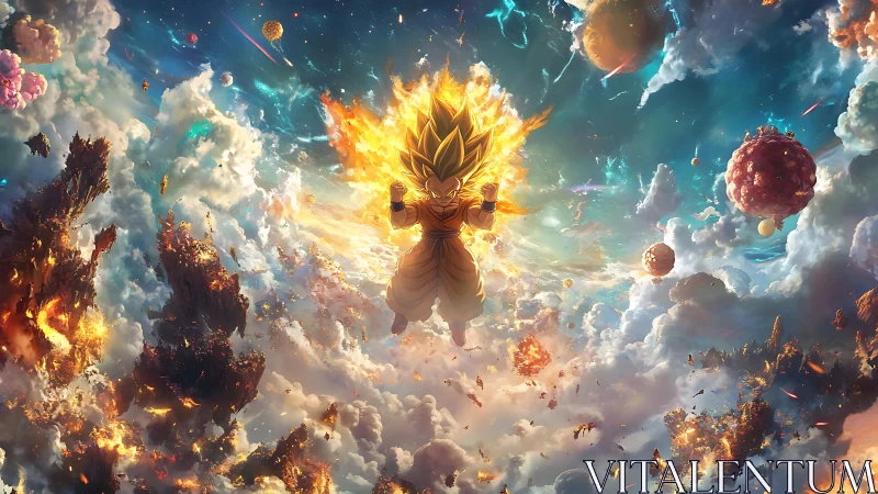 Explosive cosmic warrior ascends amid incandescent nebulae