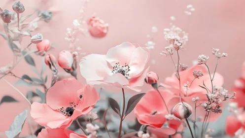 Soft pink floral arrangement with delicate blossoms.