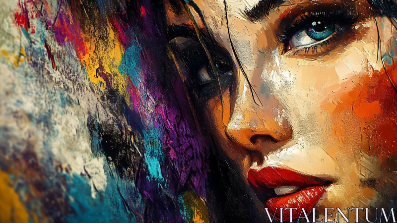 Bold textured portrait of woman with vivid abstract colors.