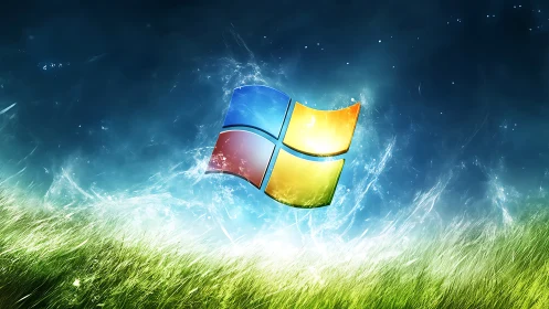 Windows-style logo glows above vibrant digital grass field.