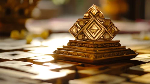 Golden geometric shrine glowing softly in afternoon light.