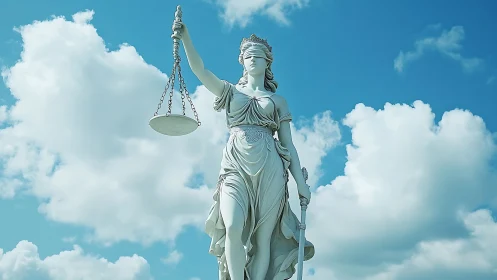 Blindfolded justice statue with scales against bright sky.