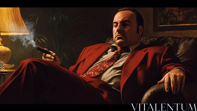Mafioso kingpin in red suit reclines, cigar smoke curling.