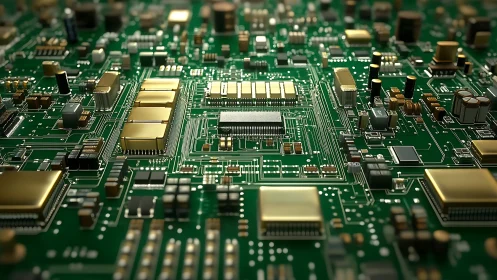 Intricate green circuit board with gleaming golden chips.