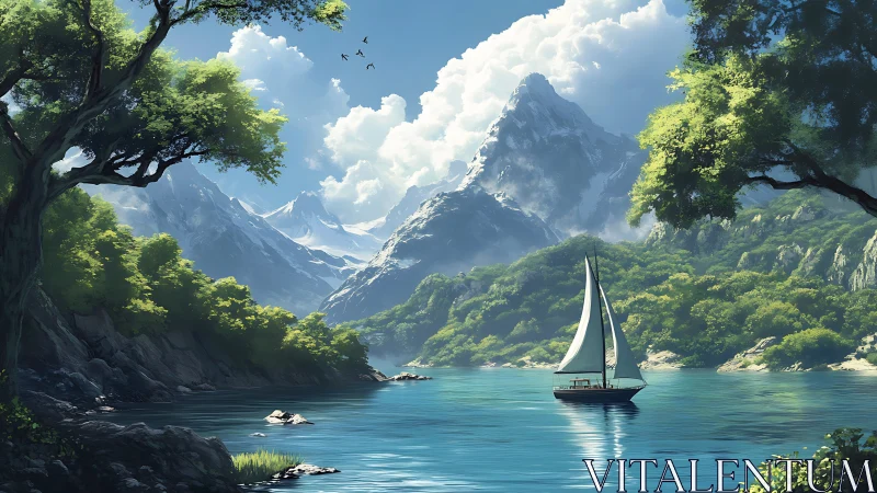 Solitary sailboat drifting beneath whispering alpine giants.