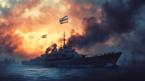 Warship advances through dense smoke against incendiary sky