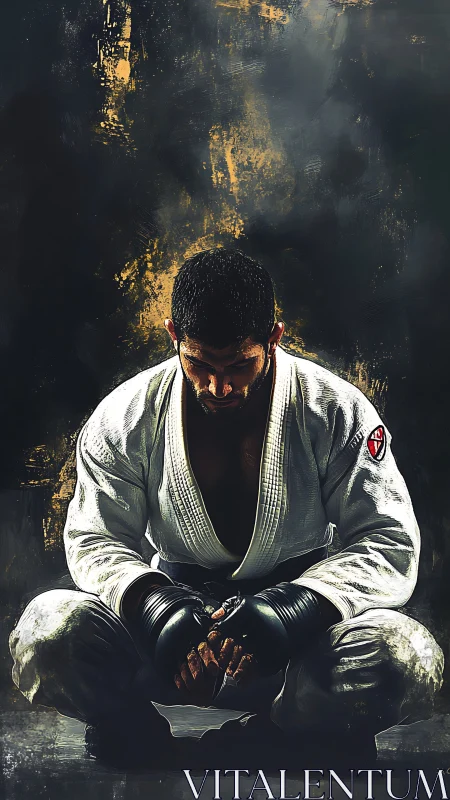 Martial artist in white gi rests in focused pre fight crouch