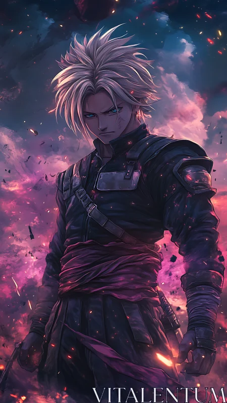 Battle-scarred anime warrior stands in burning storm clouds