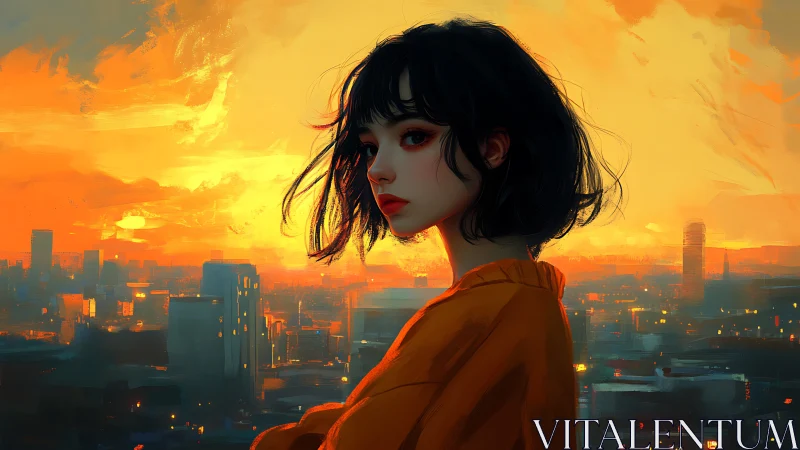 Cityside portrait under blazing orange cinematic sunset sky.