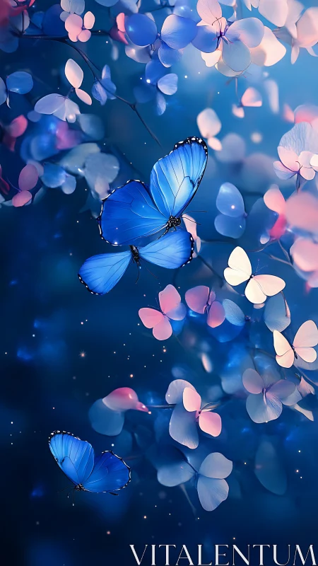 Gentle blue butterflies drift softly through dreamy evening light