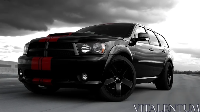 Black muscle SUV dominates stormy highway with red stripes