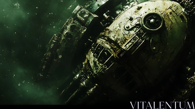 Derelict armored mech drifts through toxic green void.