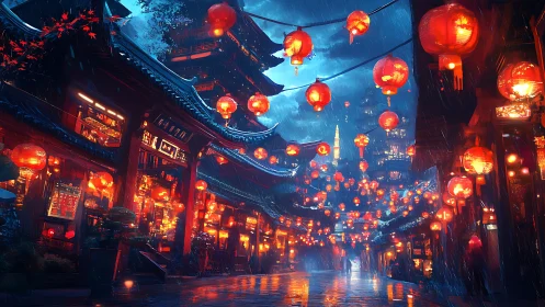 Night street with red lanterns in dense urban rain scene.