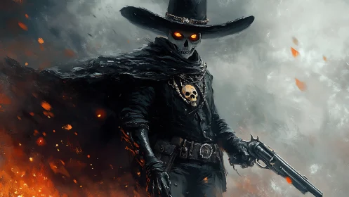 Ghostly gunslinger strides through embers and foggy moonlight.