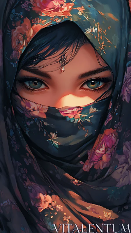 Woman’s covered face shows detailed eyes and floral shawl