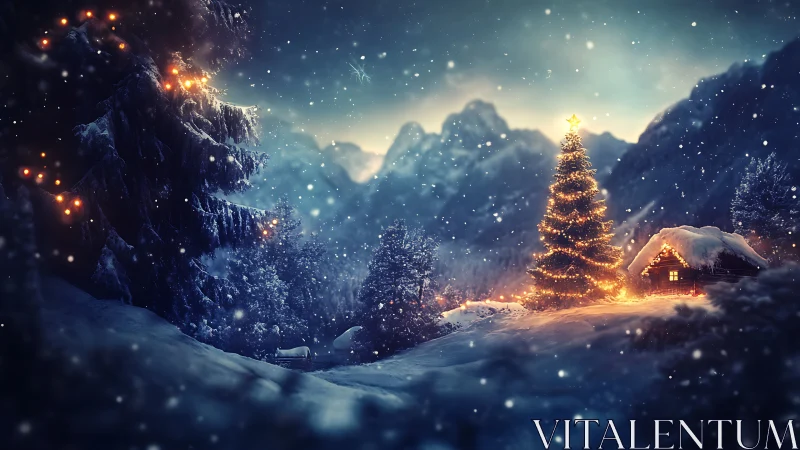 Snow-covered mountain cabin with illuminated fir tree at night.