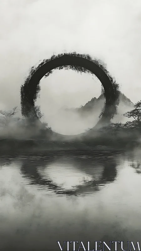 Monolithic ink circle hovers over misty lake and mountains