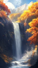 Autumn cascade beneath sunlit cliffs and glowing foliage.