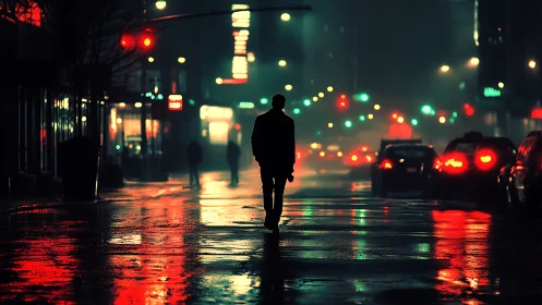 Midnight city stroll under neon reflections and soft rain.