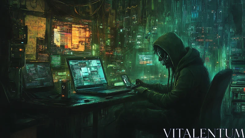 Cyberpunk hacker commands neon code in dark server lair.