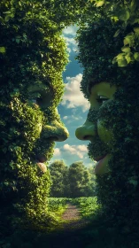 Two leafy human faces formed from hedges in a field.