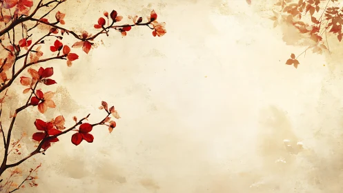 Red blossoms drift across a calm textured parchment sky