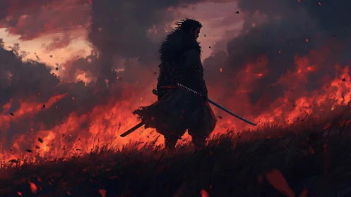 Solitary samurai silhouette against stormlit wildfire horizon.