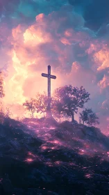 Cross on rocky hillside under luminous clouded sky.