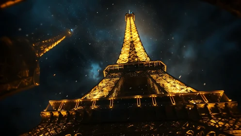 Illuminated Eiffel Tower rises against deep stormy night sky
