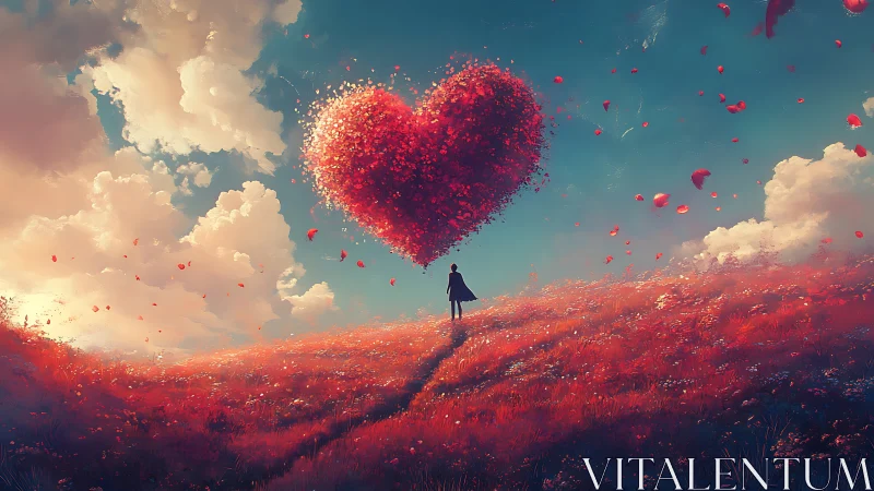 Solitary Figure Contemplates Colossal Heart Suspended Above Crimson Landscape.