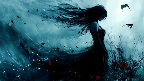 Dark silhouette of woman in stormy blue abstract landscape.
