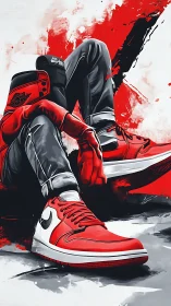 Red sneakers rest against abstract red and black backdrop