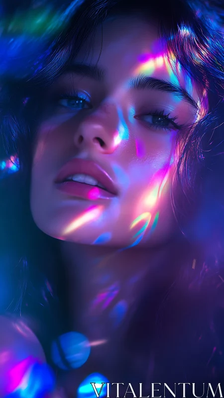 Neon-reflected female portrait with high-gloss skin and bokeh diffusion