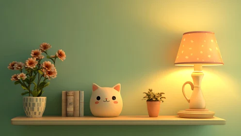 Cat decor, flowers, books and lamp on wall shelf.