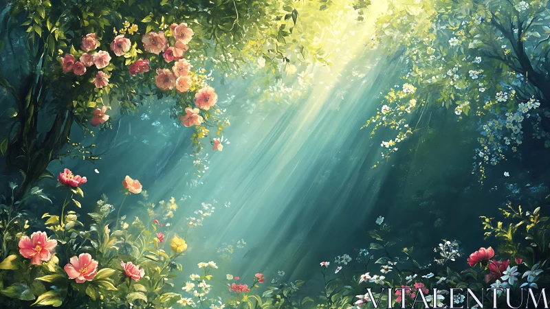 Luminous floral forest glade in romantic digital painting style.
