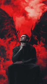 Dark figure with demonic wings contemplates amid crimson smoke.