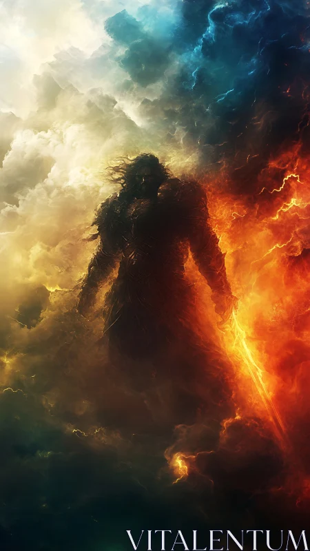 Armored figure stands in fiery and stormy cloud vortex