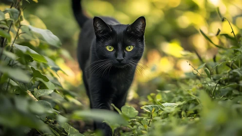 Black Cat with Luminous Eyes Navigates Verdant Garden Foliage