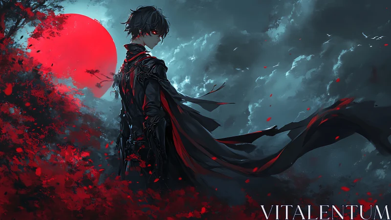 Dark warrior stands beneath a blood-red moon in storm.