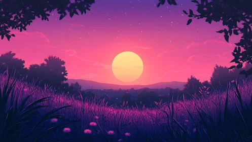 Sun disk over stylized hills framed by violet meadow