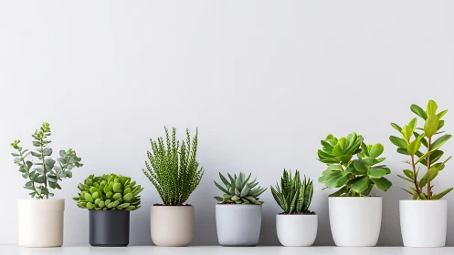 Linear arrangement of potted succulent plants on white shelf