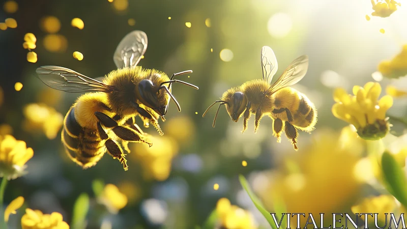 Sunlit bee duet dancing through golden garden air.