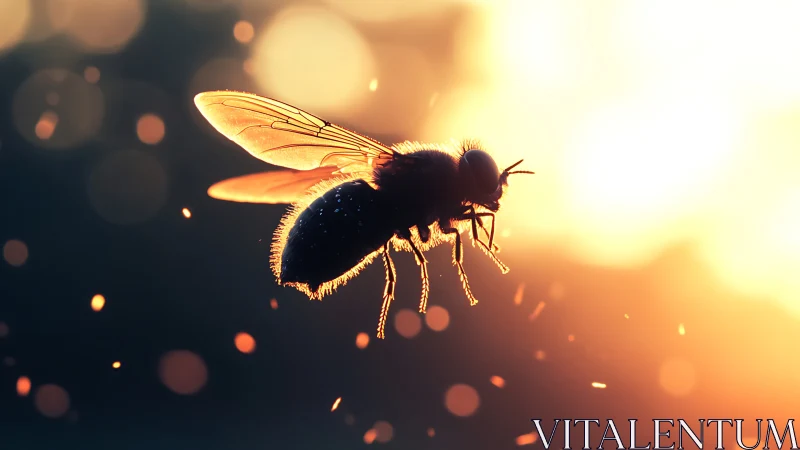 Glowing fly hovers in golden sunset dust-filled air
