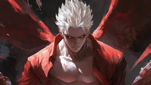 White‑haired demon warrior emerging in crimson fury.