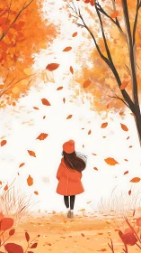 Autumn girl in orange coat under drifting leaves, vertical art
