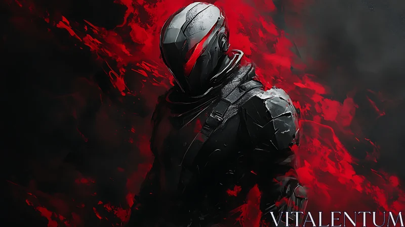 Crimson shadow sentinel in futuristic battle armor stands poised.