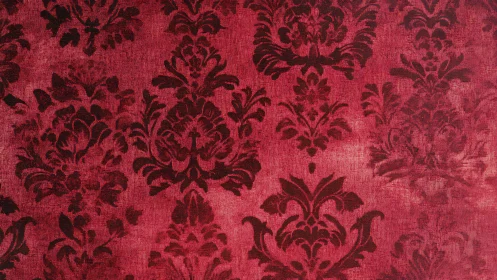 Red damask fabric with repeating ornamental floral pattern.
